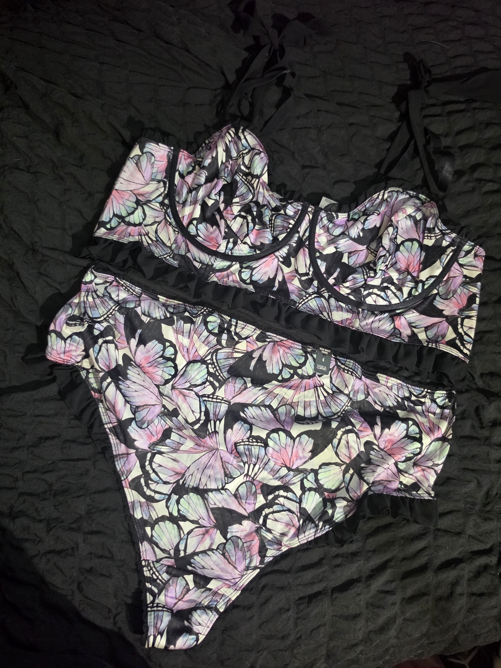 Butterfly Print Underwire Bra & Brief Set - Black with Pink & Purple Accents